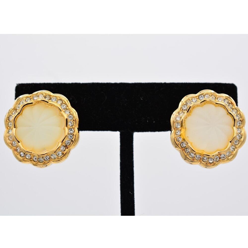 Christian Dior Vintage Clip On Earrings Frosted Glass Crystal Gold Signed BinAB